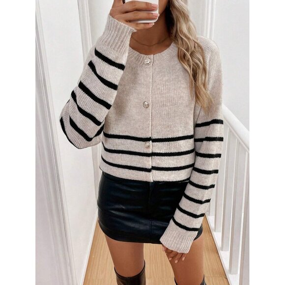 Striped preppy soft cardigan sweater cream tan black - Picture 1 of 2